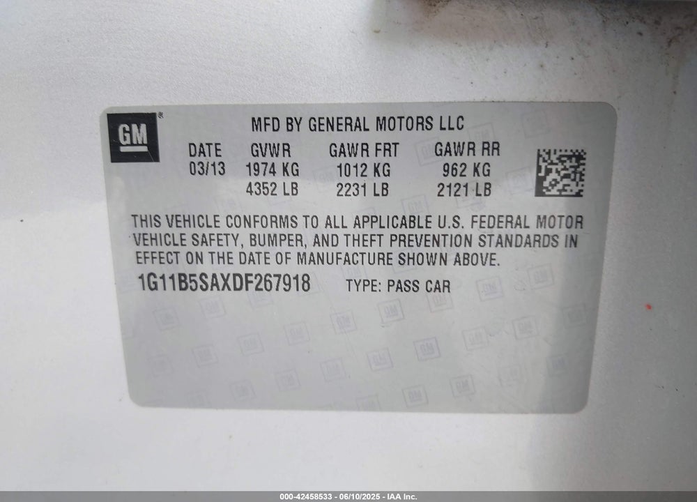 2013 CHEVROLET MALIBU VIN: 1G11B5SAXDF267918