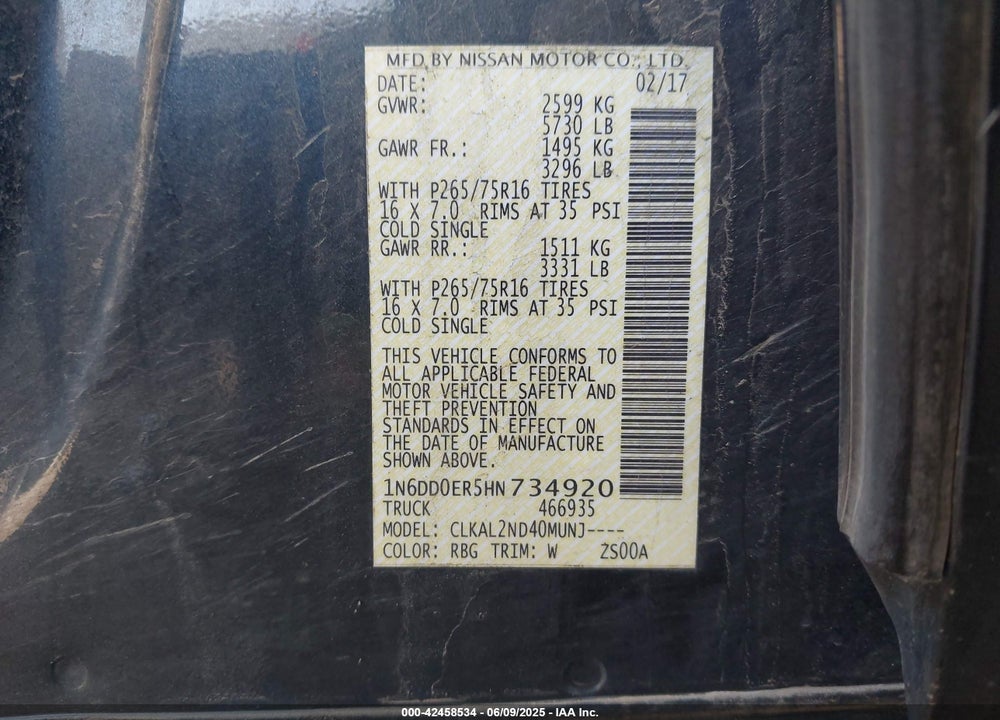 2017 NISSAN FRONTIER VIN: 1N6DD0ER5HN734920
