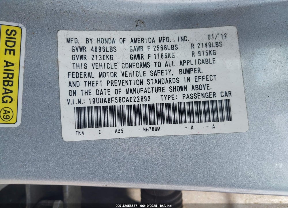 2012 ACURA TL 3.5 VIN: 19UUA8F56CA022892