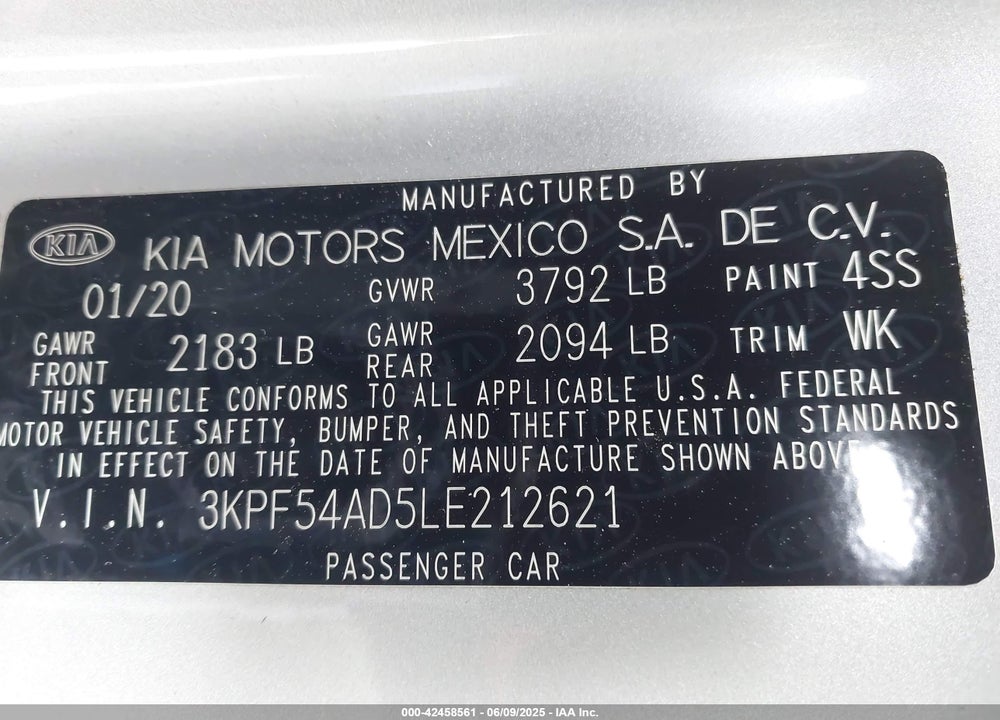 2020 KIA FORTE VIN: 3KPF54AD5LE212621