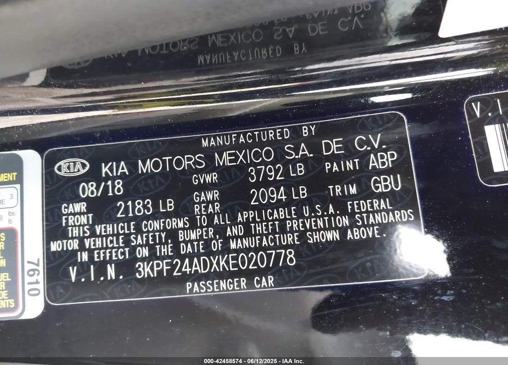 2019 KIA FORTE LXS VIN: 3KPF24ADXKE020778