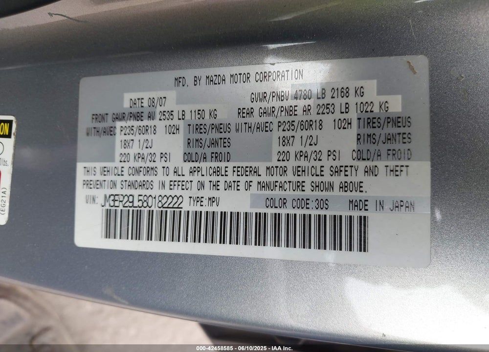 2008 MAZDA CX-7 VIN: JM3ER29L580182222