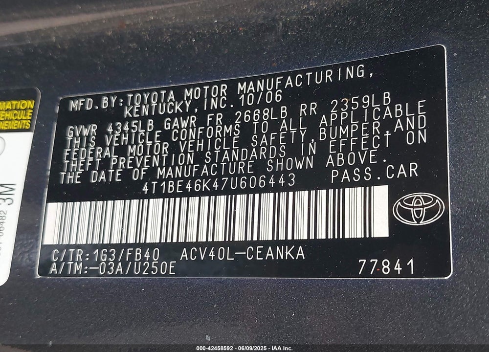 2007 TOYOTA CAMRY VIN: 4T1BE46K47U606443