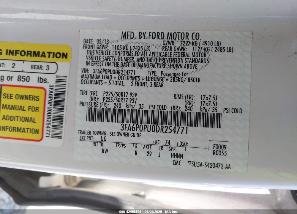 2013 FORD FUSION ENERGI VIN: 3FA6P0PU0DR254771