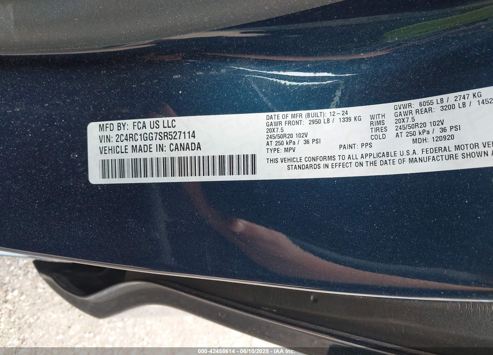 2025 CHRYSLER PACIFICA LIMITED VIN: 2C4RC1GG7SR527114