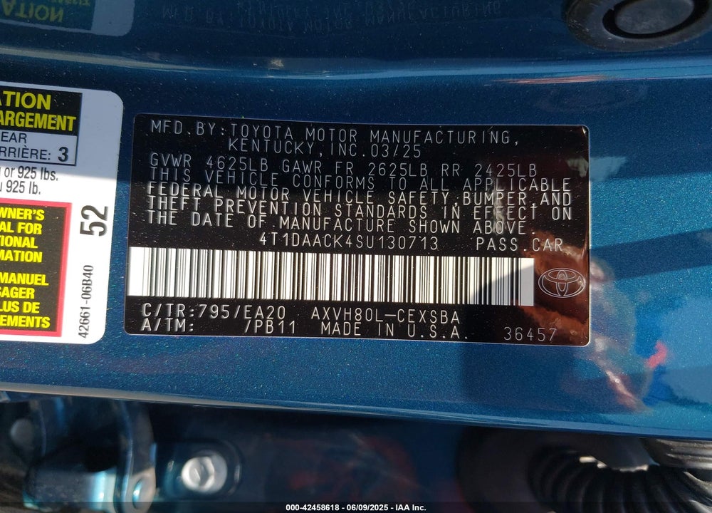 2025 TOYOTA CAMRY SE VIN: 4T1DAACK4SU130713