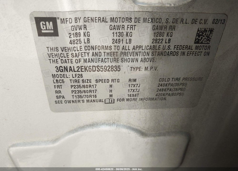 2013 CHEVROLET CAPTIVA SPORT VIN: 3GNAL2EK6DS592835