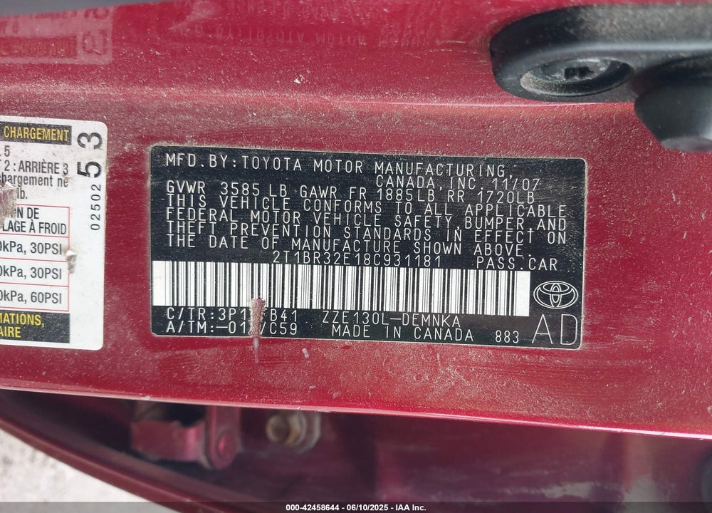 2008 TOYOTA COROLLA VIN: 2T1BR32E18C931181