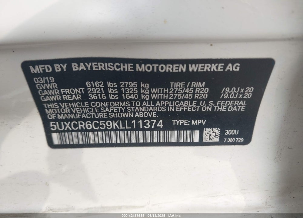 2019 BMW X5 XDRIVE40I VIN: 5UXCR6C59KLL11374