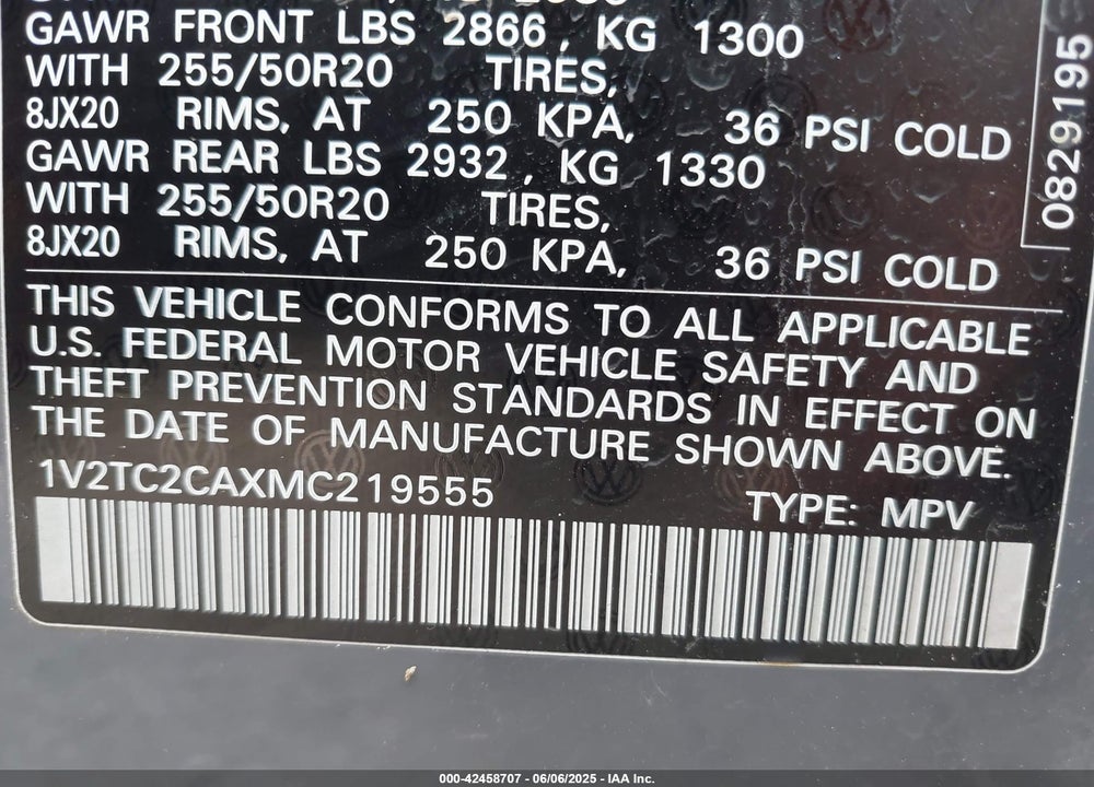 2021 VOLKSWAGEN ATLAS CROSS SPORT 2.0T SEL PREMIUM VIN: 1V2TC2CAXMC219555