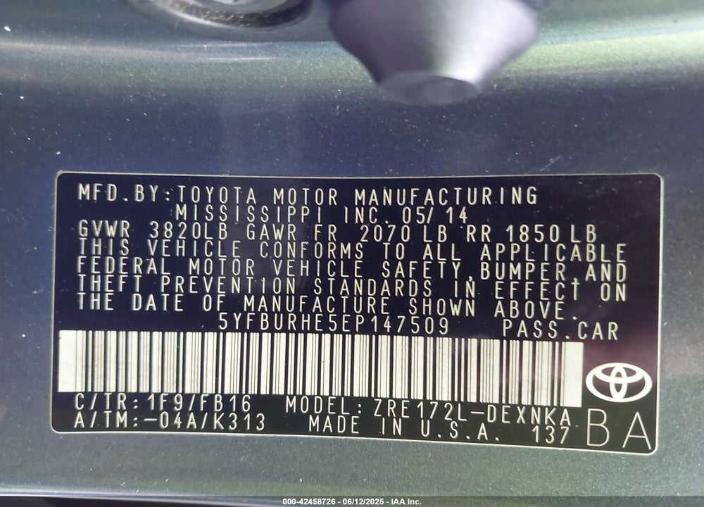 2014 TOYOTA COROLLA VIN: 5YFBURHE5EP147509