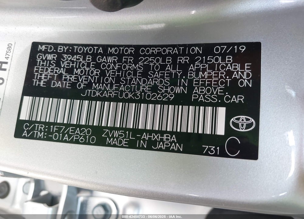 2019 TOYOTA PRIUS XLE VIN: JTDKARFU0K3102629