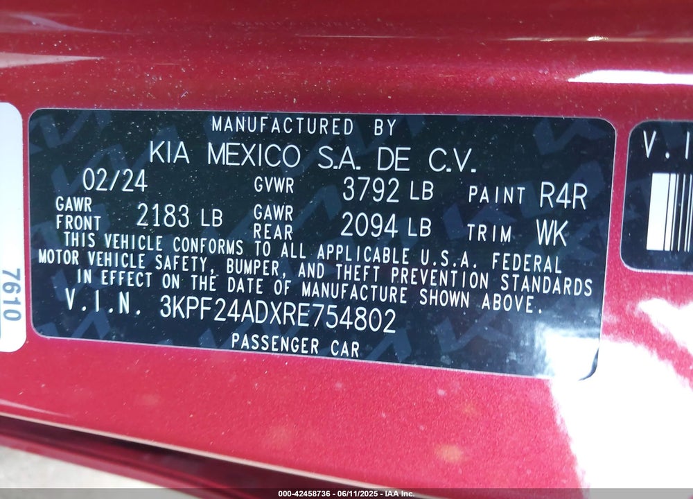 2024 KIA FORTE VIN: 3KPF24ADXRE754802