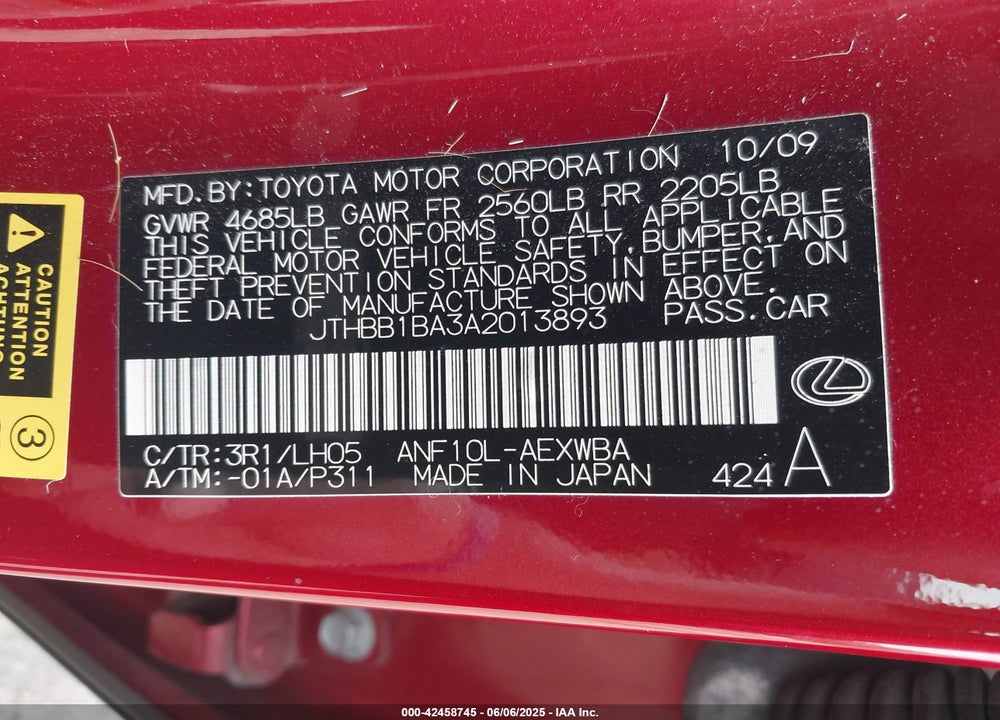 2010 LEXUS HS 250H PREMIUM VIN: JTHBB1BA3A2013893