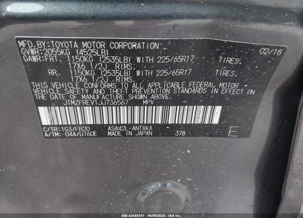 2018 TOYOTA RAV4 VIN: JTMZFREV1JJ736567