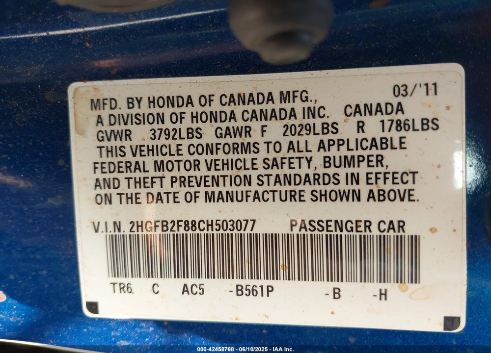 2012 HONDA CIVIC VIN: 2HGFB2F88CH503077