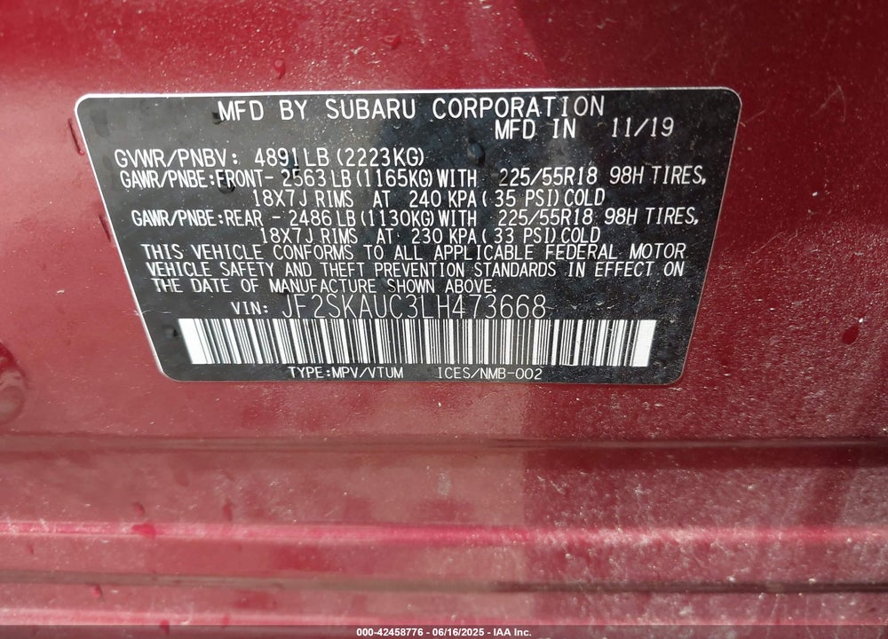2020 SUBARU FORESTER VIN: JF2SKAUC3LH473668