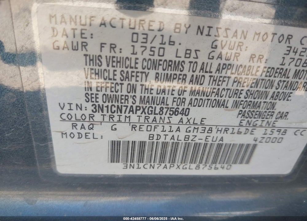 2016 NISSAN VERSA 1.6 S/1.6 S+/1.6 SL/1.6 SV VIN: 3N1CN7APXGL875640