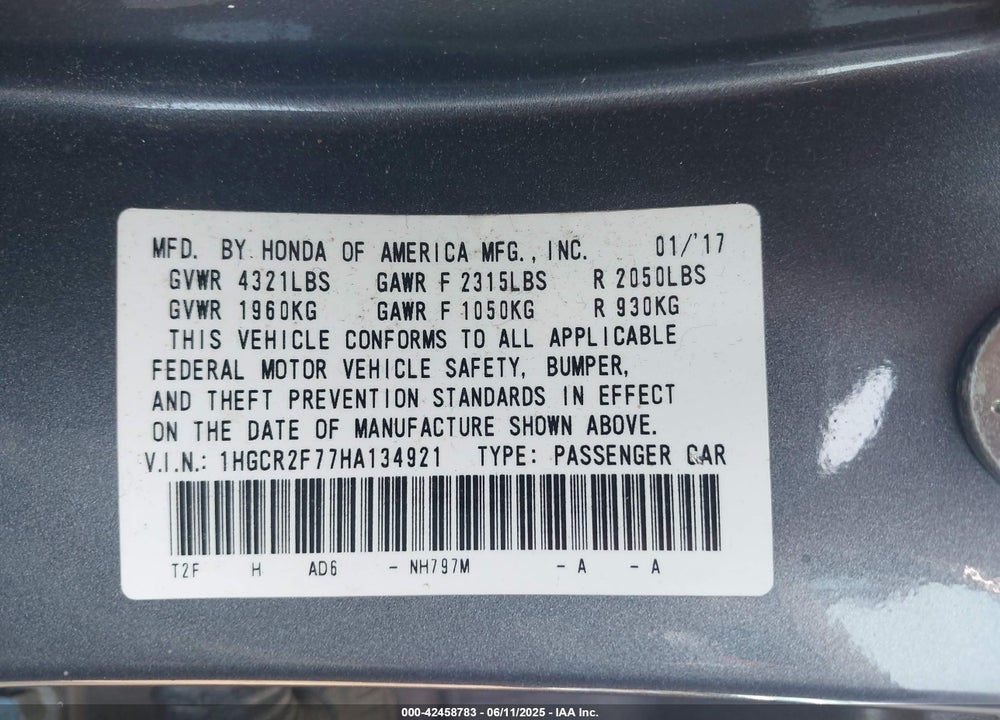 2017 HONDA ACCORD VIN: 1HGCR2F77HA134921