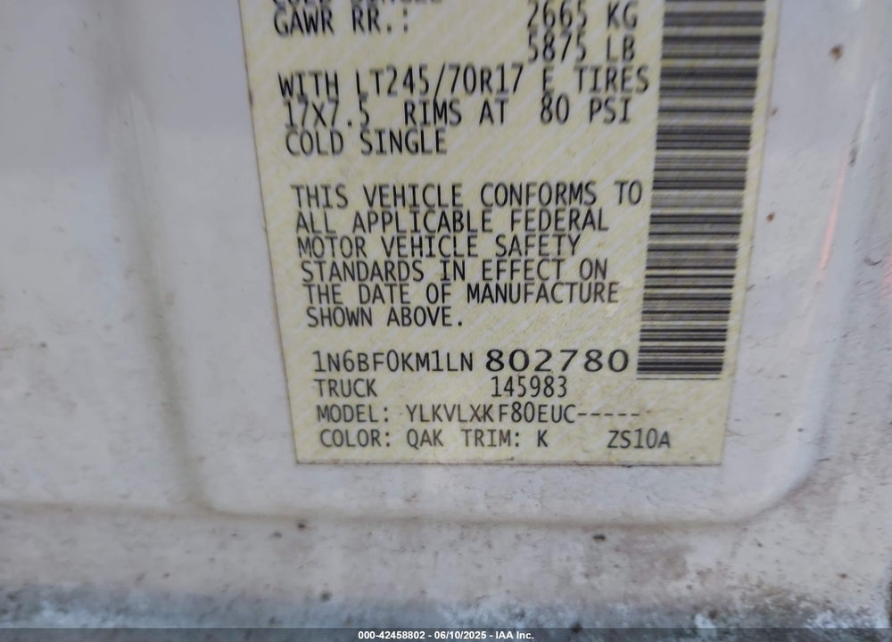 2020 NISSAN NV CARGO NV1500 SV STANDARD ROOF V6 VIN: 1N6BF0KM1LN802780