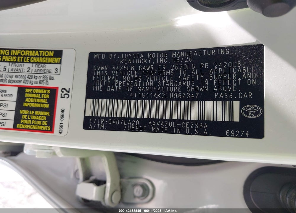 2020 TOYOTA CAMRY VIN: 4T1G11AK2LU967347