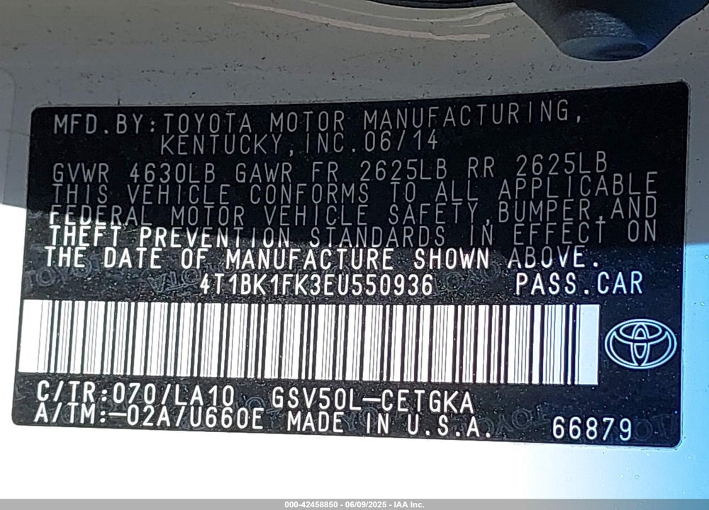 2014 TOYOTA CAMRY XLE V6 VIN: 4T1BK1FK3EU550936
