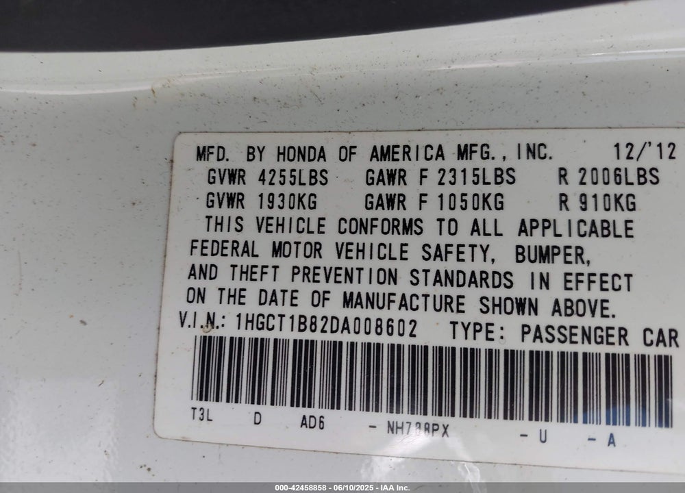 2013 HONDA ACCORD VIN: 1HGCT1B82DA008602