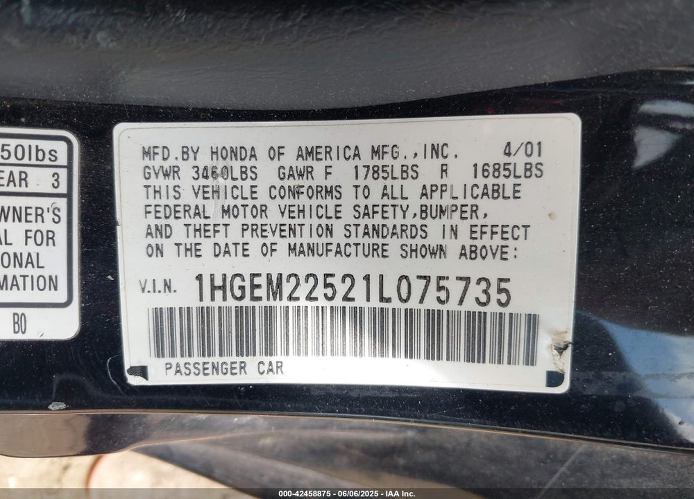 2001 HONDA CIVIC LX VIN: 1HGEM22521L075735