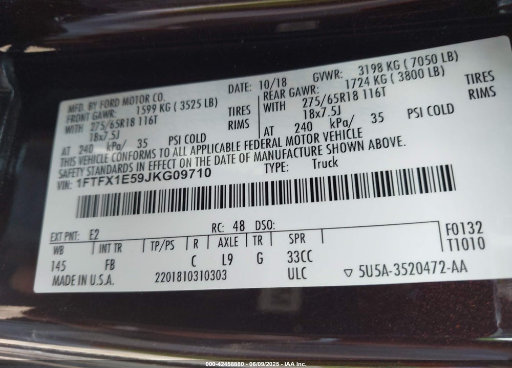2018 FORD F-150 VIN: 1FTFX1E59JKG09710