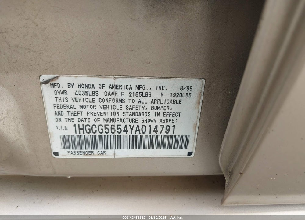 2000 HONDA ACCORD 2.3 EX VIN: 1HGCG5654YA014791