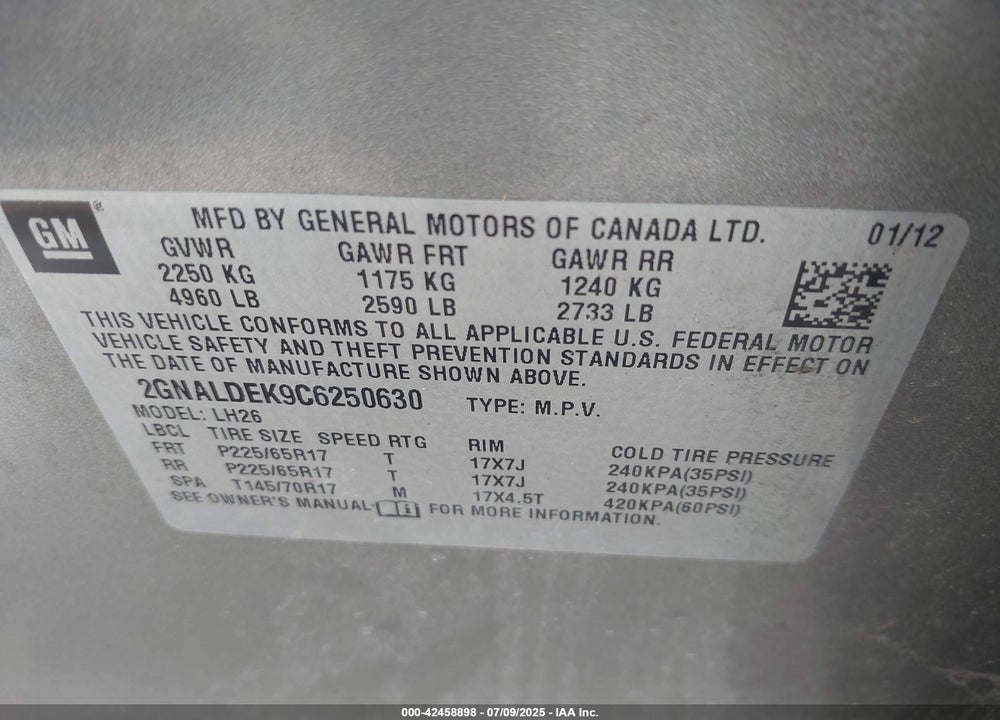 2012 CHEVROLET EQUINOX VIN: 2GNALDEK9C6250630