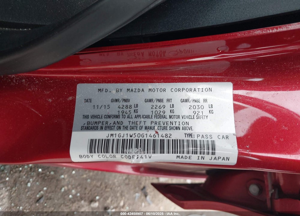 2016 MAZDA 6 VIN: JM1GJ1W50G1461482