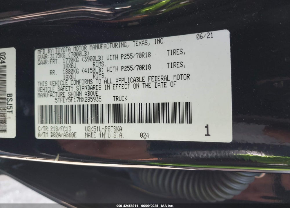 2021 TOYOTA TUNDRA VIN: 5TFEY5F17MX285935