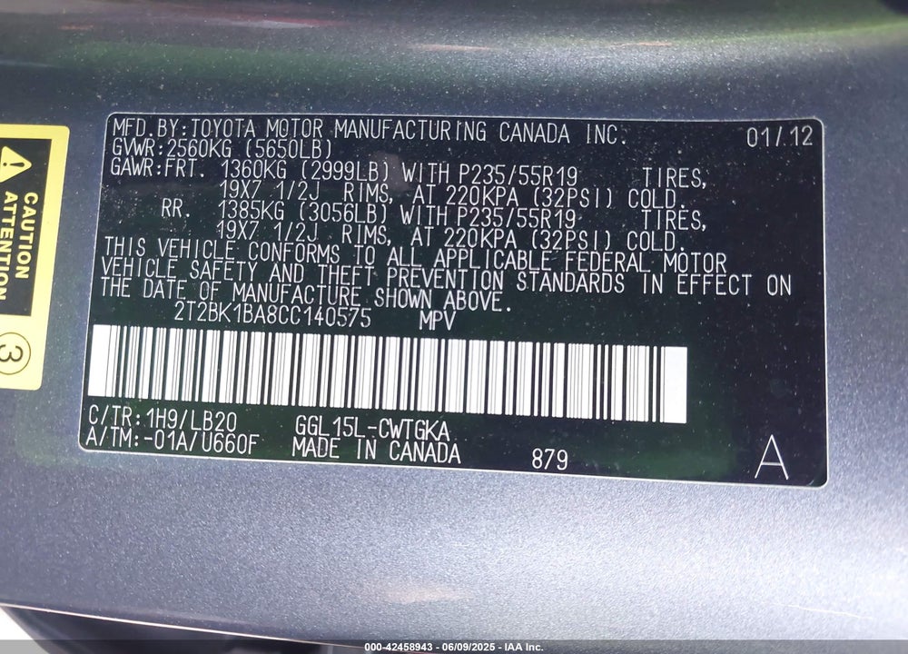 2012 LEXUS RX 350 VIN: 2T2BK1BA8CC140575