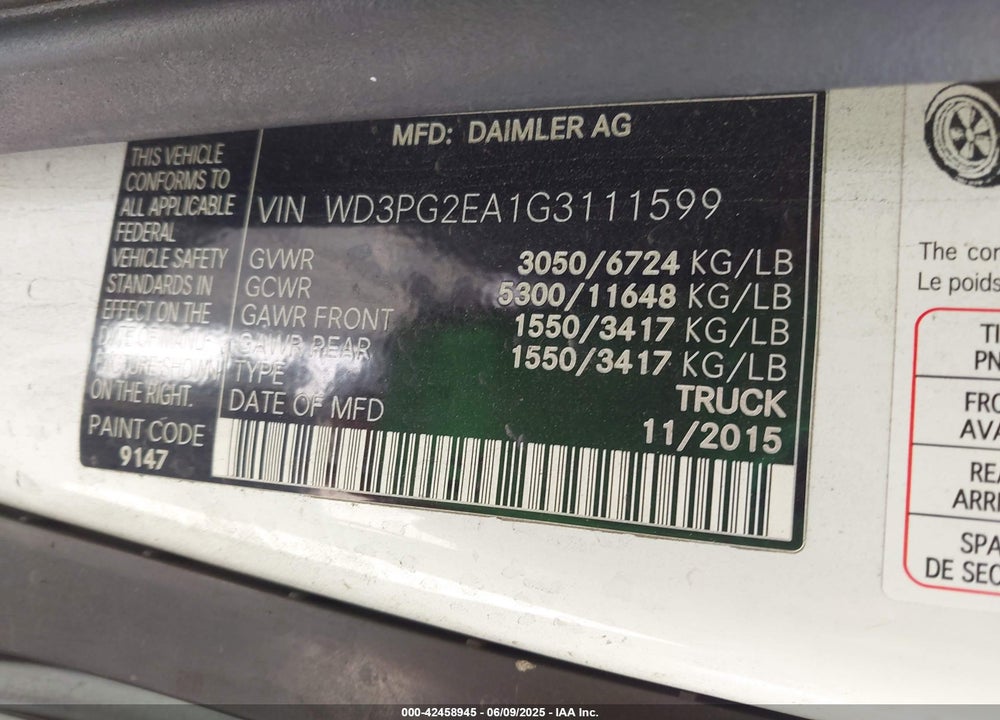 2016 MERCEDES-BENZ METRIS VIN: WD3PG2EA1G3111599