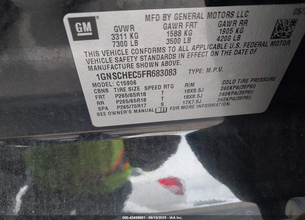 2015 CHEVROLET SUBURBAN 1500 VIN: 1GNSCHEC5FR683083