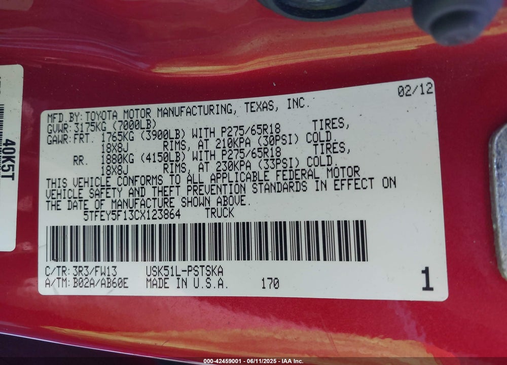 2012 TOYOTA TUNDRA VIN: 5TFEY5F13CX123864