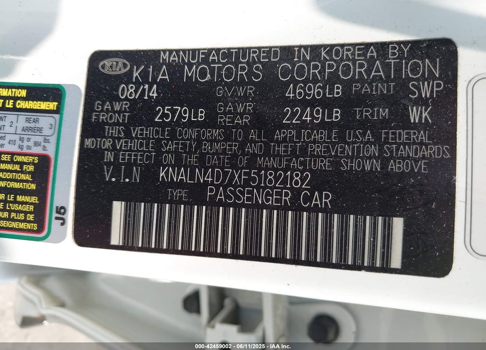 2015 KIA CADENZA PREMIUM VIN: KNALN4D7XF5182182