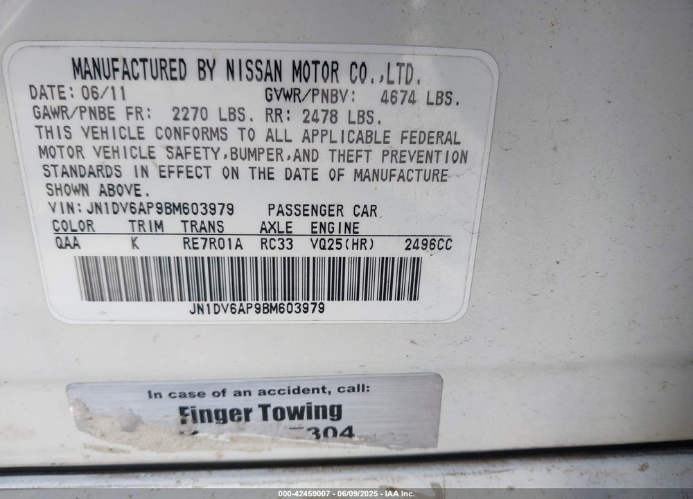 2011 INFINITI G25 SEDAN VIN: JN1DV6AP9BM603979