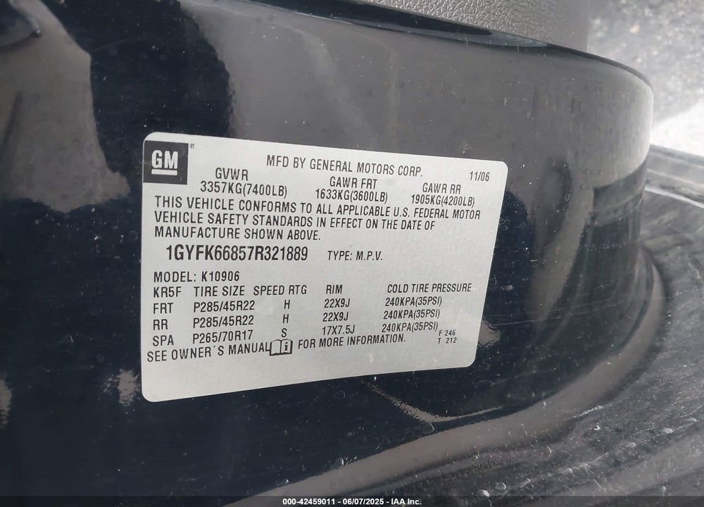 2007 CADILLAC ESCALADE ESV STANDARD VIN: 1GYFK66857R321889