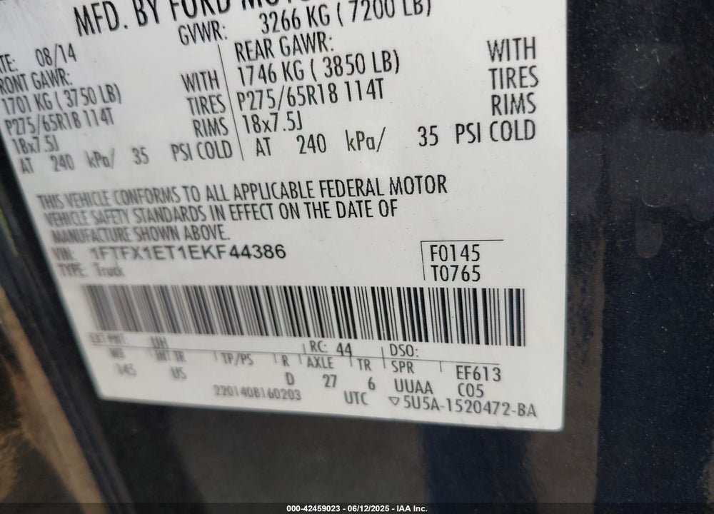 2014 FORD F-150 VIN: 1FTFX1ET1EKF44386