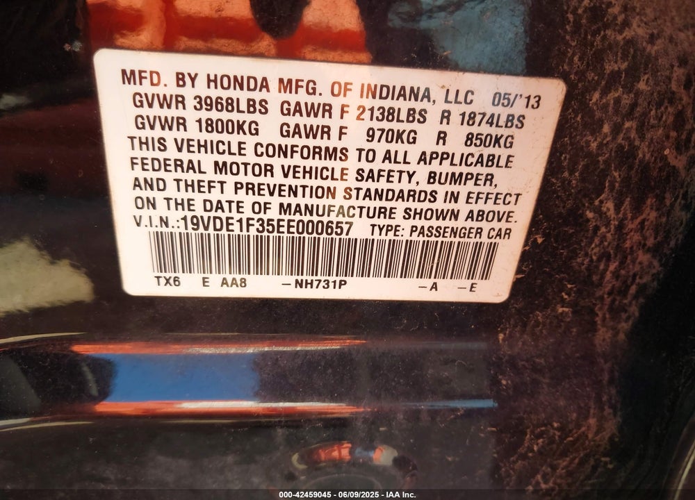 2014 ACURA ILX VIN: 19VDE1F35EE000657