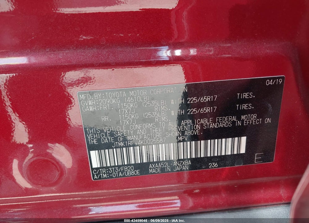 2019 TOYOTA RAV4 VIN: JTMK1RFV4KD025587