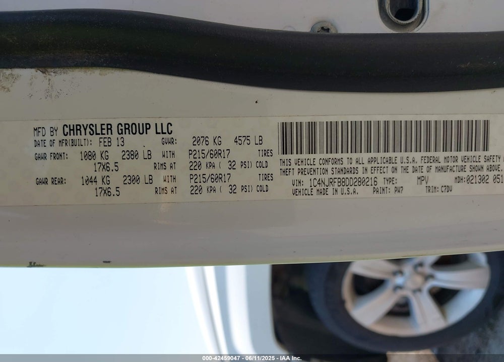 2013 JEEP PATRIOT LATITUDE VIN: 1C4NJRFB8DD280216