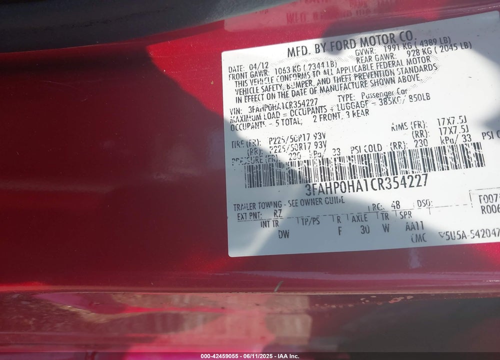 2012 FORD FUSION SE FWD VIN: 3FAHP0HA1CR354227