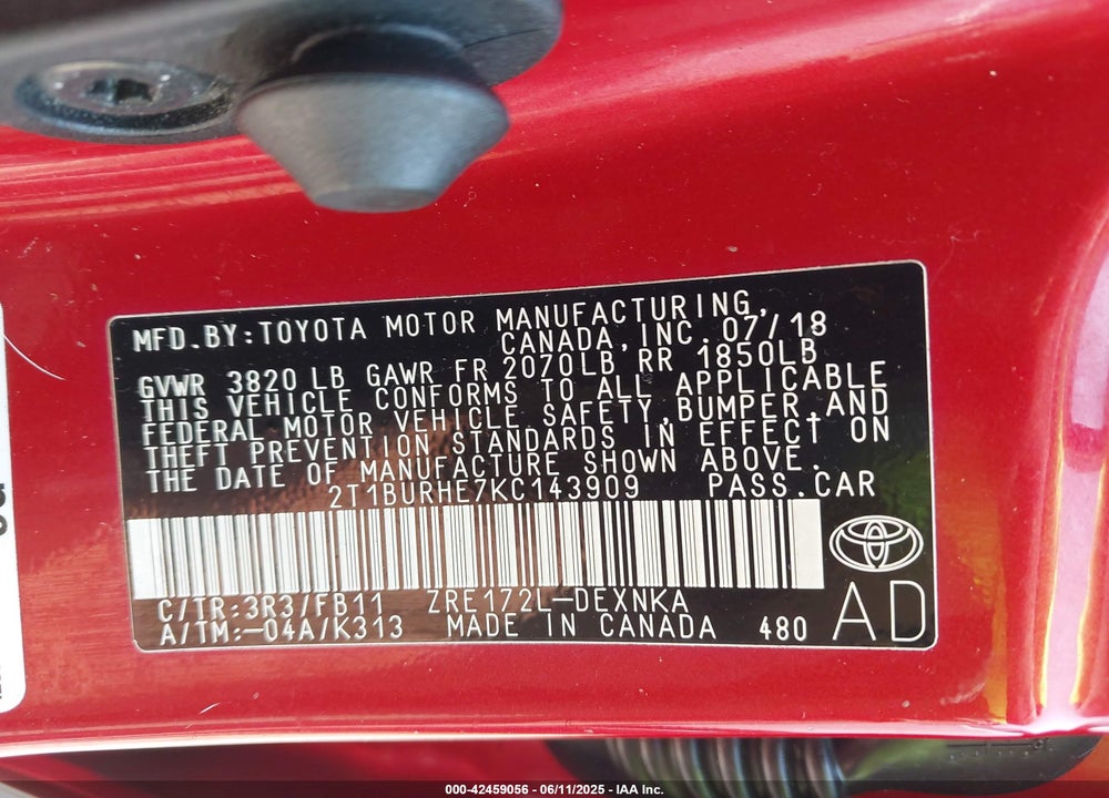 2019 TOYOTA COROLLA VIN: 2T1BURHE7KC143909