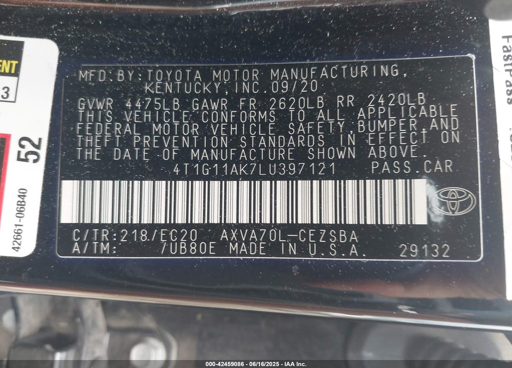 2020 TOYOTA CAMRY VIN: 4T1G11AK7LU397121