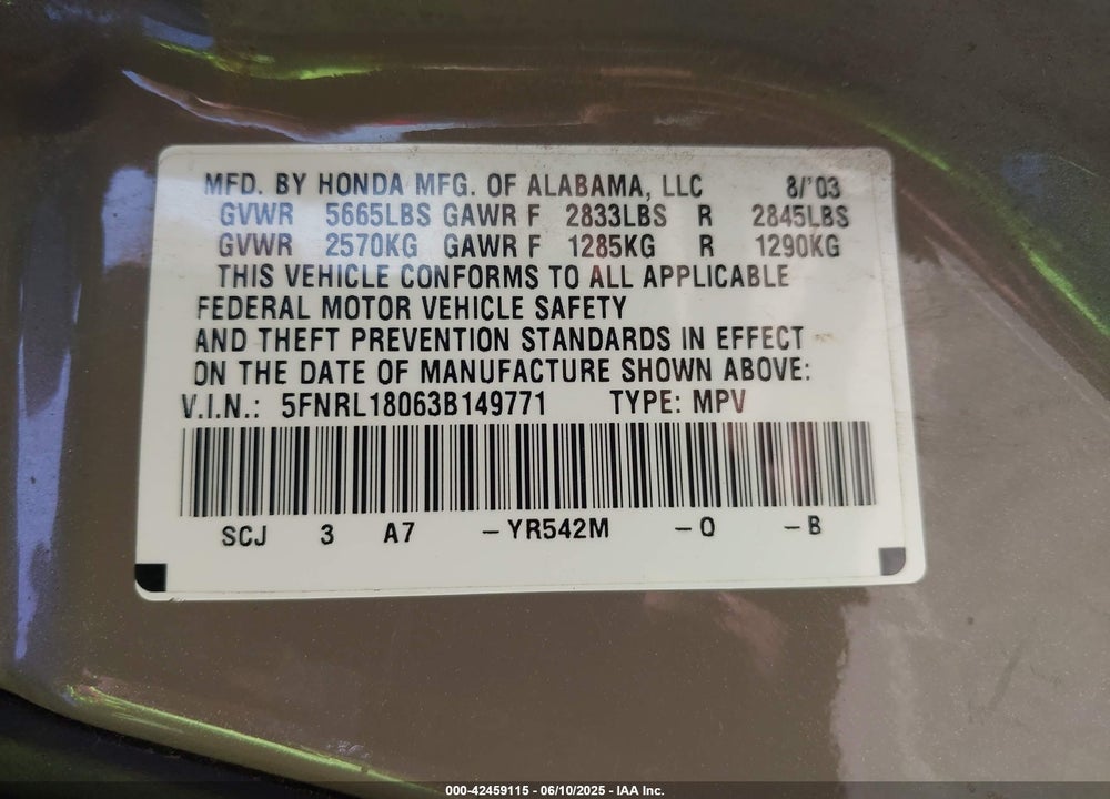 2003 HONDA ODYSSEY VIN: 5FNRL18063B149771