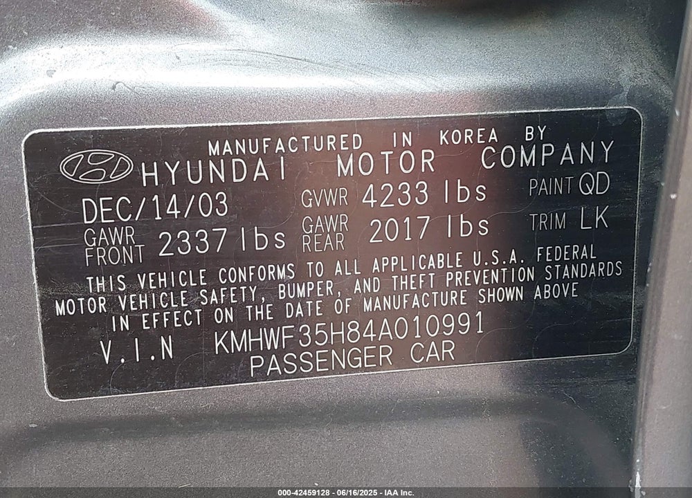 2004 HYUNDAI SONATA GLS/LX VIN: KMHWF35H84A010991