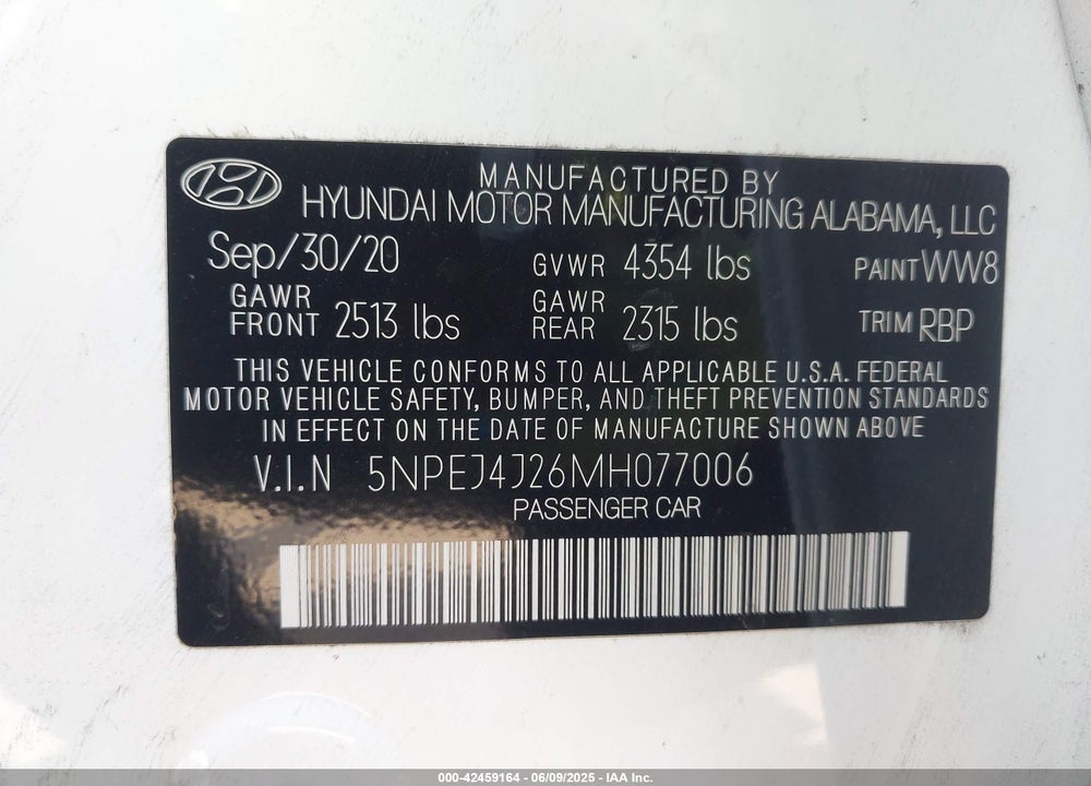 2021 HYUNDAI SONATA VIN: 5NPEJ4J26MH077006
